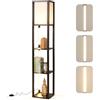 COSTWAY Lampada da Terra Moderna con Scaffali, Lampada a Mensola in Legno con 3 Strisce LED, Paralume, Luminosità Regolabile e Interruttore a Pedale, Scaffale Autoportante con Luce