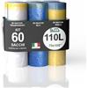 G.M. DISTRIBUZIONE KIT GM 60 Sacchi Spazzatura Con Maniglie: 20 GIALLI, 20 TRASPARENTI, 20 AZZURRI, Misura 70x110 cm, Capacità 110 Litri, Sacchetti per Raccolta Differenziata Antigoccia, 6 Rotoli da 10 Pezzi