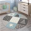 Paco Home Tappeto Per Bambini Colori Pastello Quadri Punti Cuori Stelle Bianco Grigio Blu, Dimensione:Ø 120 cm tondo