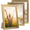 PHOTOLINI Cornici A4 21x30 cm oro legno MDF, set di 3 cornici larghe, moderne, plexiglass infrangibile, da tavolo o da parete, accessori extra - per una parete dal look raffinato