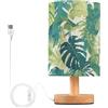 FRODOTGV Piccola lampada da tavolo con foglie verdi tropicali, luce da comodino con paralume rotondo in tessuto, per soggiorno, camera da letto, ufficio