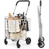 GYMAX Carrello Porta Spesa Pieghevole a 4 Ruote, Cestino a Doppio, Bracciolo con 2 Altezze Regolabili, Trolley Spesa Acciaio, Carico di 20 kg, Capacità di 48+10 L, Compatto e Salvasapzio (S, Argento)