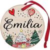 Corredino Neonato Pallina di Natale Personalizzata con Nome Emilia, cerchetto piatto per Decorazione Natalizia con Nastro Rosso - made in Italy - Addobbo Albero diametro 8 cm in Legno, nome Emilia