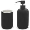 Inbagno Set accessori bagno 2 pezzi in ceramica nero cannettato, dispenser sapone e portaspazzolini soft touch, SPRING