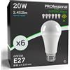 Eurocali 6x Lampadina LED E14 20W Opaca (2452 lumen pari a 150W) - Forma: Goccia - Bianco Freddo 6500K - Fascio Luminoso 310°