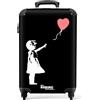 NoBoringSuitcases.com © Valigia rigida con ruote, trolley, bagaglio a mano, 4 ruote, lucchetto TSA (Ragazza con palloncino rosso a forma di cuore in bianco e nero, 55x40x20 cm)