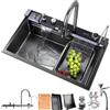 HZKSINNK Lavello da cucina, 75 x 45 cm, con due cascate, 1 vasca nera, multifunzione, in acciaio inossidabile, nano-rivestimento, con rubinetti estensibili, per bicchieri e kit di scarico