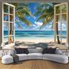 ANALTIRCE Carta Da Parati Effetto 3D Fuori Dalla Finestra La Spiaggia 200×140cm Fotomurali Non Tessuto, Natura Onde Palme Decorazione Poster Arte Murale Moderna per Casa Ufficio Camera Da Letto Soggiorno Blu