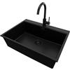 PRIMAGRAN Lavandino Angolare Tutto Nero 68x50cm, Lavello in Granito a 1 vasca + Rubinetto 32x20cm + Set di accessori, Lavabo da Cucina Incasso al Mobile 70cm - Oslo Top S450
