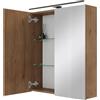 Planetmöbel ARIA Armadio a specchio con illuminazione, 60 x 70 x 16 cm, Armadietto da bagno sospeso con specchio, Rovere dorato, con lampada e presa elettrica, per bagno ospiti
