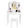 COSTWAY Set Toeletta Tavolo da Trucco con Specchio Ripiegabile in Tre Parti e Lo Sgabello Imbottito, 4 Cassetti, Rotazione Libera di 180 °, Specchiera per Cosmetici Moderno Elegante (Bianco)