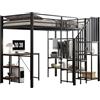 Azkoeesy letto a soppalco con scrivania e Scala, 120x200 cm, letto singolo in metallo, scala di sicurezza con ripiani integrati, barra appendiabiti, 2 mensole, per adolescenti e adulti, nero
