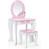 GIANTEX Set di Specchiera e Sgabello per Bambini, Tavolo da Trucco Giocattolo in Legno con Cassetto, Ideale Regalo per Ragazze di 3-7 Anni, con Portata di 15kg, 49x35,5x89cm (Bianco)