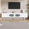 MSMOK Elegante mobile TV da 170 x 35 x 50 cm, corpo bianco con gambe dorate e maniglie, 2 ante con scanalature verticali, 2 ante con vetro arco, portata 35 kg, mobile TV (truciolato, 4 porte)