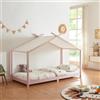[en.casa] Letto per Cameretta a Forma di Casetta con Tettuccio in Tessuto Zona di Riposo 90x200 cm Letto Singolo per Bambini Struttura in Legno di Pino - Rosa