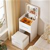 MSFE Tavolo da Trucco 3 in 1 con specchio Plip Top, Specchio LED A 3 Colori E Sgabelli Piccola Unità Vanity Toeletta con piano in vetro visibile, Console Trucco con 3 cassetti per camera da letto
