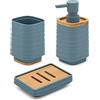 Inbagno Accessori Bagno in Set Completo 3 Pezzi Turchese Cobalto, Kit Accessori appoggio, Include Dispenser, portaspazzolini e portasapone, in ABS e bambù Linea Wave (Set 3)