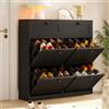 VOWNER Scarpiera Slim, Scarpiera Portascarpe in Legno, Ingresso, con Cassetto, Regolabili, con 4 Ante a Ribalta e Doppia Profondita, 105x100x24 cm (LxAxP), Nero