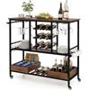 KOMFOTTEU Carrello da Cucina con Ruote, Carrello di Servizio con Portabottiglie, Portabicchieri Ganci, Carrello Portaoggetti a 3 Ripiani per Bar, Casa, Cucina, 108 x 40 x 91 cm (Marrone)