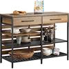 SoBuy Credenza Cucina Industriale con Ripiani Aperti, 2 Cassetti e Portabottiglie - Mobiletto Salvaspazio con Piano per Microonde - Mobile da Cucina, Soggiorno o Ingresso 120x91x45cm Marrone FSB85-PF
