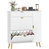 HOMCOM Scarpiera Salvaspazio Slim con Ante a Ribalta, 12 Paia, Bianco | Effetto Pelle, Armadietto, Scarpiera Ingresso, Ripiani Regolabili, Base Rialzata, Porta Scarpe con Maniglia