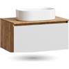Planetmöbel - Set di mobili da bagno Arisa, armadietto sottolavabo da 80 cm in rovere bianco (con nervature), lavabo da 55 cm bianco, incluso sifone salvaspazio