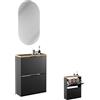 Planetmöbel Scarpiera stretta con specchio ovale illuminato | (2 livelli di illuminazione), porta scarpe con 2 sportello e 4 ripiani, set guardaroba, 60 x 23 x 80,5 cm, nero