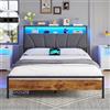 Brinlawb Letto Imbottito 120x200 cm, Struttura letto con Luce LED e Stazione di Ricarica (2 Prese CA 2 Porte USB) Struttura letto con piattaforma in metallo, Facile da montare, Moderno, Nero e Grigio