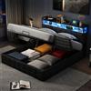 BLSYHDH Letto Idraulico 160x200 con Luce LED e USB, Letto Matrimoniale con Contenitore, Letto Imbottito con Sommier a Sgancio e Testiera Doppia con LED (Nero+PU, 160x200)