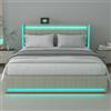 FOERPL Letto matrimoniale 160 x 200 cm con stoccaggio, letto cassetto con LED, 4 cassetti in ferro, comodino con porta di ricarica USB, tessuto di lino (tipo B beige, 160 x 200 cm)