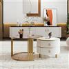 KAZZIO Tavolino rotondo 2 in 1 in MDF, tavolino con 1 piano bianco e 1 piano marrone in vetro temperato, combinazione tavolino con 2 cassetti per il soggiorno (bianco e oro)