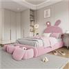 Wyibwy Letto imbottito per bambini, 90x200 cm, orecchie di coniglio con luce calda a luminosità regolabile, due panchette contenitore, letto singolo, velluto, Rosa (senza materasso)