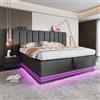 Moimhear Letto imbottito, letto matrimoniale con contenitore con controllo App LED e funzione di ricarica USB-C, lino, senza materasso e comodino (grigio, 160 x 200 cm)