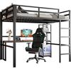 KecDuey Letto a soppalco 140 x 200 cm, telaio in ferro, più ripiani in metallo, letto matrimoniale, scrivania con presa di corrente, con USB Type-c, ringhiere, scala a pioli, senza materasso (nero)