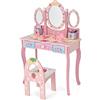 LIFEZEAL Toeletta con Sgabello per Bambina 3+ Anni, Tavolo da Trucco, Set di Vanity, Postazione Trucco, Mobile Specchiera, 3 Specchi Pieghevoli e Rimovibili, 3 Cassetti, per Cameretta, Legno (rosa)