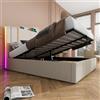 Moimhear Letto imbottito, letto matrimoniale, funzione di ricarica USB di tipo C, controllo APP, rete a doghe in legno, letto per ragazzi, letto per adulti, materiale di lino beige (materasso non