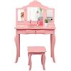 LIFEZEAL 2 in 1 Toeletta con Sgabello Bambina 3-7 Anni, Tavolo da Trucco, Set di Vanity, Mobile Specchiera,Specchio Triplice,Rimovibile,1 Cassetto,per Cameretta, Legno,Rosa,70 x 34 x 104cm (L x B x H)
