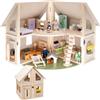 howa Casa delle bambole pieghevole in legno 7016, include 30 mobili, 4 bambole e cane, con 4 stanze, balcone, giardino, scale, casa delle bambole, naturale, beige