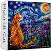 PICKFORU - Puzzle per gatti per adulti, 1000 pezzi, puzzle in vetro colorato con fiori di iris viola, notte stellata, fiore di gatto al chiaro di luna, come regalo per gli amanti dei gatti