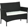 Divano Da Giardino A 2 Posti Con Cuscino E Braccioli In Rattan Pe E Acciaio, 107x55x80cm, Nero