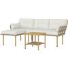 Set Da Giardino 3pz Con Chaise Longue, Divanetto, Cuscini E Tavolino, In Rattan E Acciaio, Bianco Crema E Legno