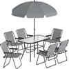 Set Da Giardino 8 Pz Con Ombrellone, 6 Sedie Pieghevoli E Tavolo Da Esterno In Vetro Temperato, Grigio