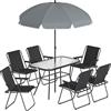 Set Da Giardino 8 Pz Con Ombrellone, 6 Sedie Pieghevoli E Tavolo Da Esterno In Vetro Temperato, Nero