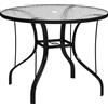 Tavolino Da Giardino Rotondo Con Foro Per Ombrellone, In Metallo E Vetro Temperato, Ø96.5x71 Cm, Nero