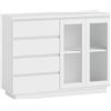 Credenza Buffet In Legno Con 4 Cassetti E Armadietto Con Ante In Vetro E Ripiani Regolabili, 120x40x91 Cm, Bianco