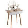 Postazione Trucco Con Specchio Circolare ?39cm, Toeletta Trucco Con Cassetto Con Decorazione Jungle, 70x39x119-128cm, Bianco E Rovere