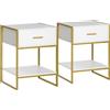 Set 2 Comodini Moderni Con Cassetto E Ripiano Aperto In Mdf E Acciaio, 45x40x60cm, Bianco E Oro