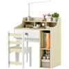 Set Scrivania Per Bambini E Sedia In Legno Con Scaffale E Cassetto, Età 3-10 Anni, Bianco E Legno