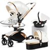 MoLi Pelle PU Passeggino Trio, Passeggino 3 in 1 con Sedile Convertibile 360°, Trio Passeggino Neonati con Grande Navicella, Carrozzina per Neonati in Alluminio Pieghevole Alta Paesaggio (906 White)