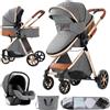 Magic ZC Passeggino Trio, Passeggino 3 in 1 con Doppia Modalità Push Reversibile, Trio Neonati con Grande Navicella, Carrozzina per Neonati in Alluminio Pieghevole (V9 Grey)